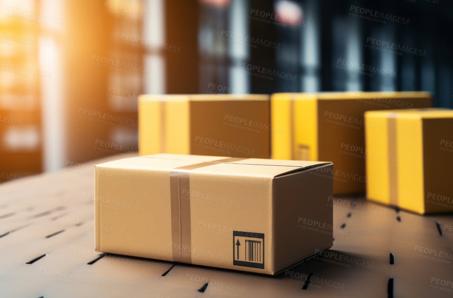 Buy stock photo Parcels or gifts piled on table.  Delivery concept.