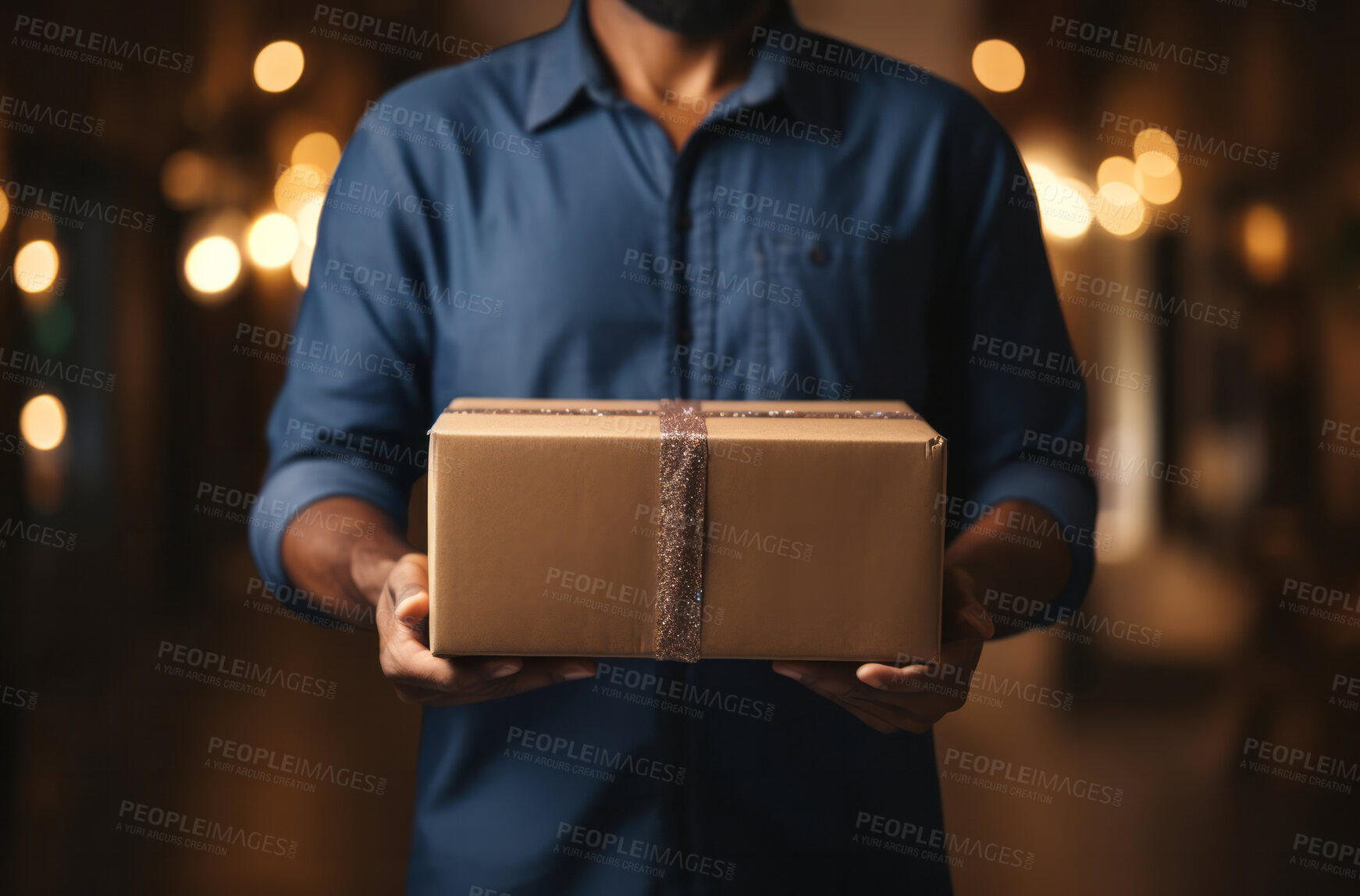 Buy stock photo Man holding package or gift. Bokeh in background. Delivery concept.