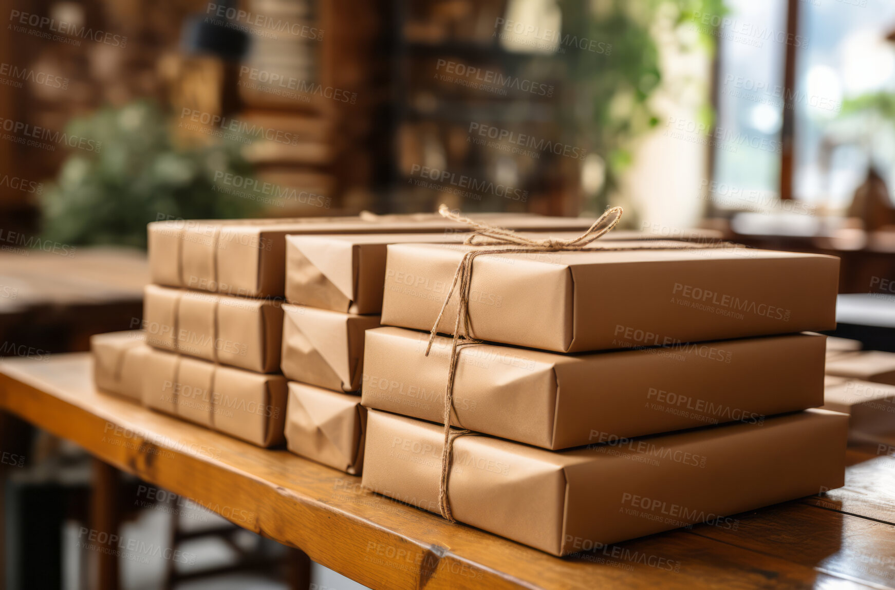 Buy stock photo Parcels or gifts piled on table.  Delivery concept.