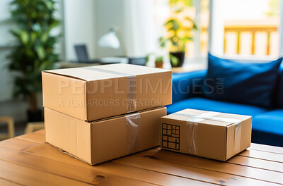 Parcels piled on table. Lounge area in background. Delivery concept.