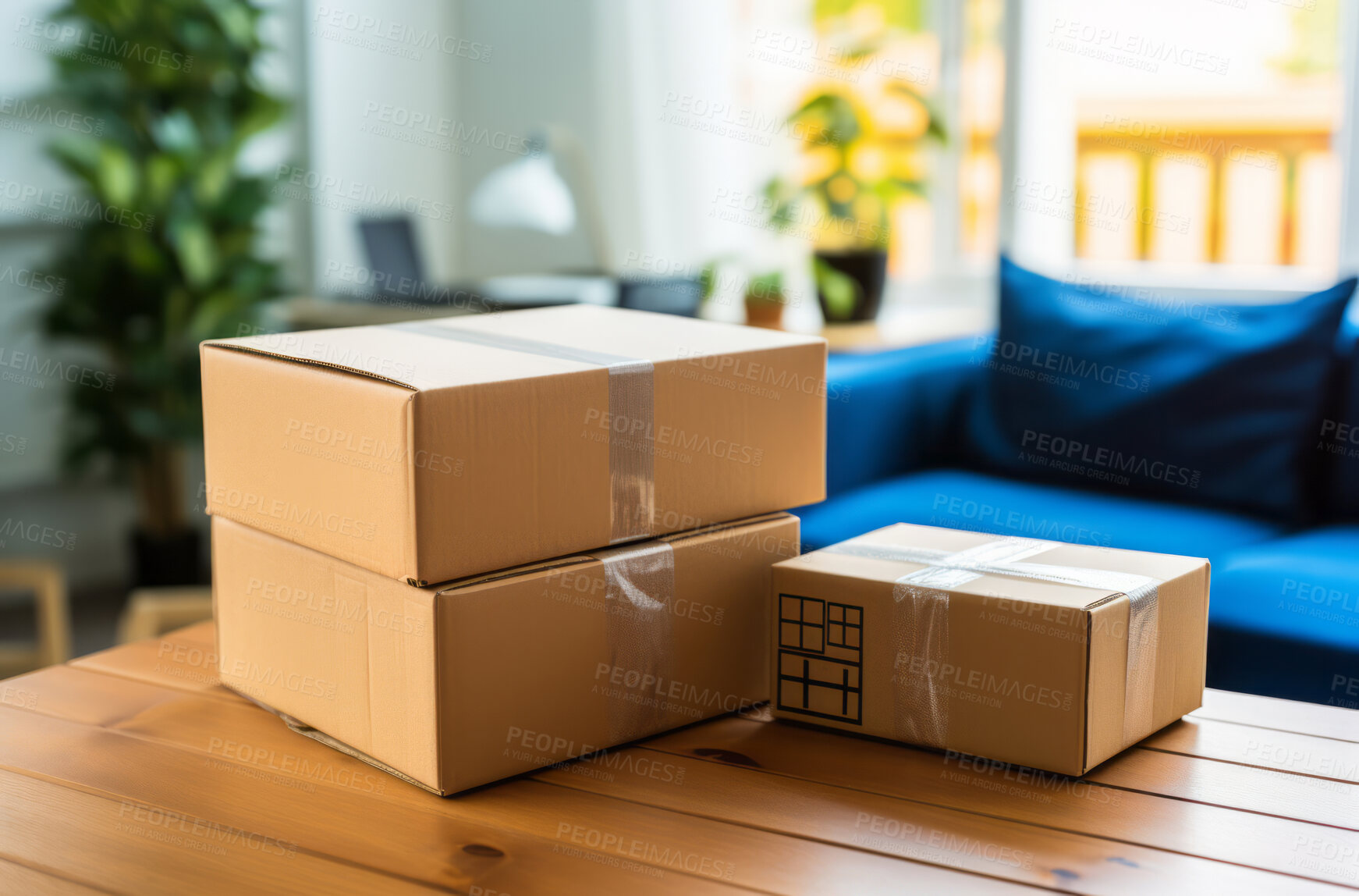 Buy stock photo Parcels piled on table. Lounge area in background. Delivery concept.