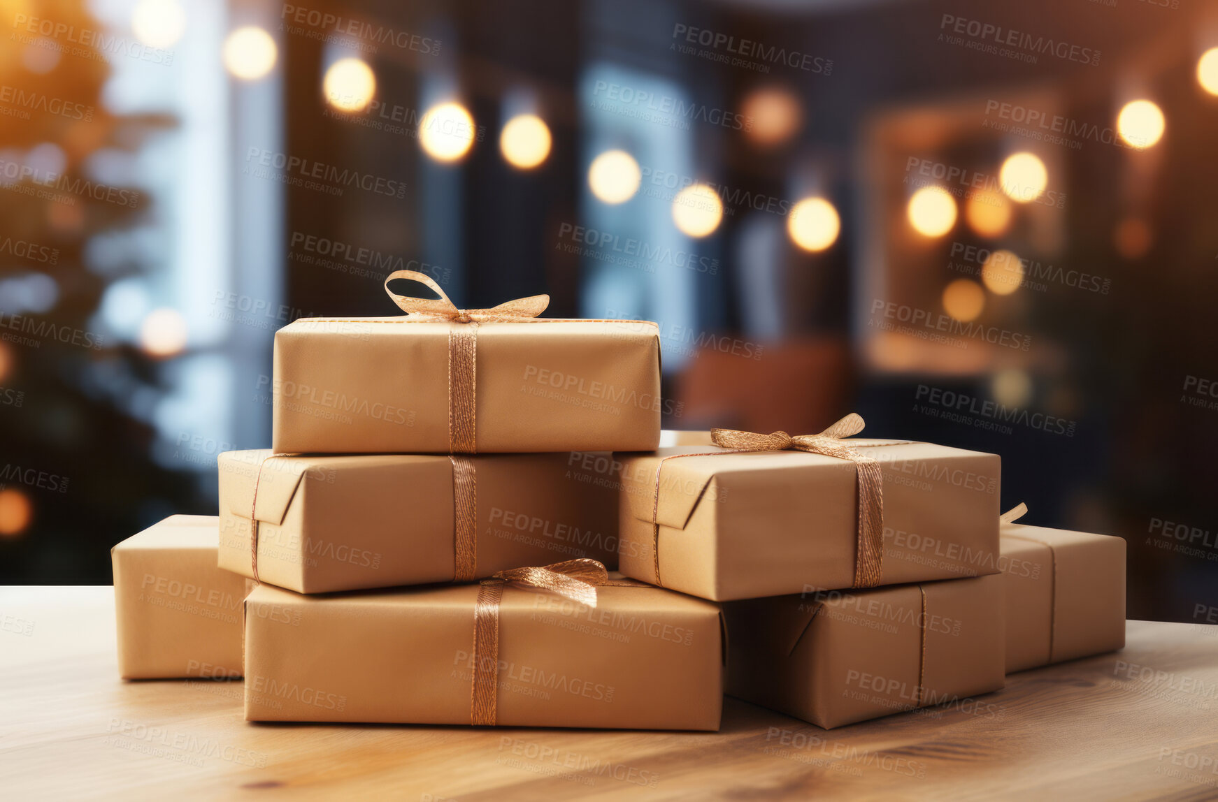 Buy stock photo Parcels or gifts piled on table. Christmas light in background. Delivery concept.