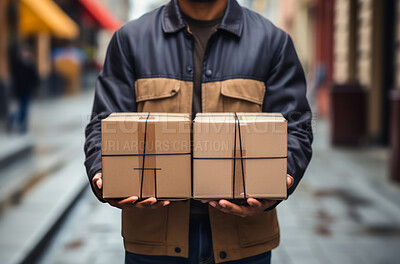 Delivery man holding packages standing in street. Delivery concept.