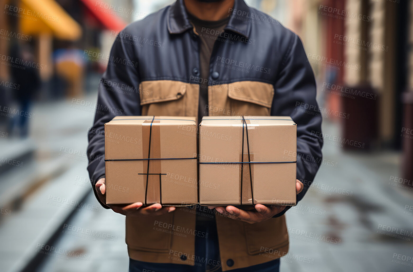 Buy stock photo Delivery man holding packages standing in street. Delivery concept.