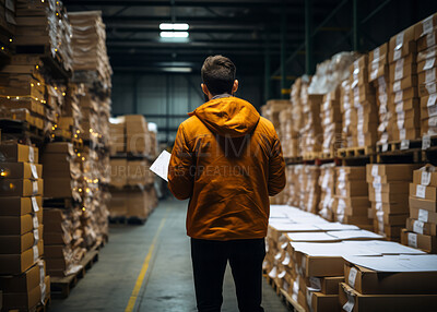 Buy stock photo Warehouse worker standing back to camera in middle of isle.