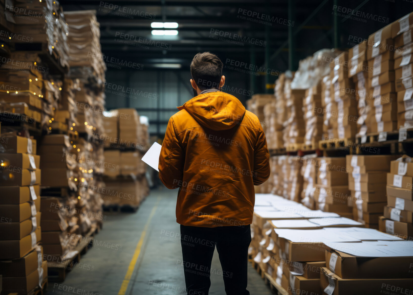 Buy stock photo Warehouse worker standing back to camera in middle of isle.