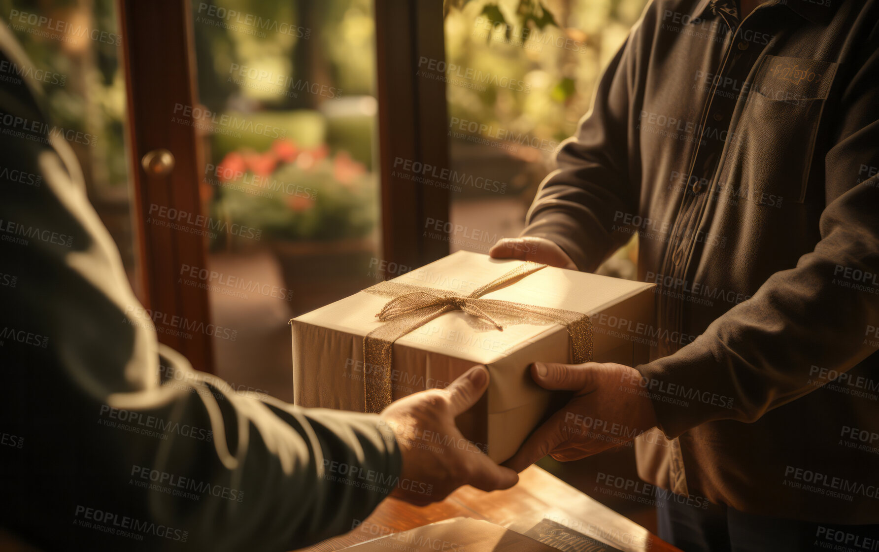 Buy stock photo Delivery man hands package to customer. Delivery concept.