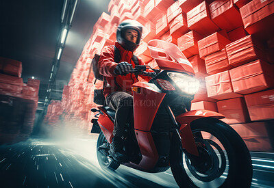 Red delivery Scooter riding in warehouse. Motion blur. Delivery concept.