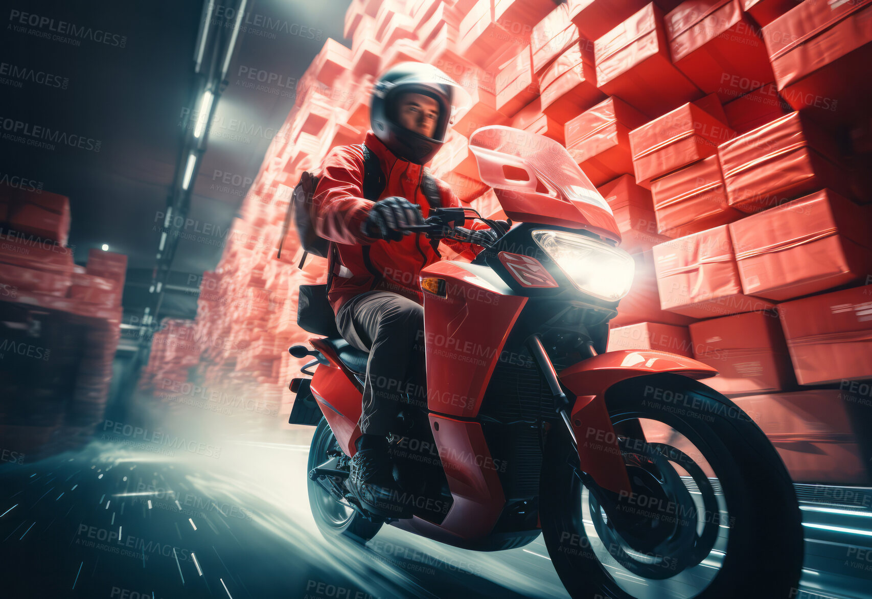 Buy stock photo Red delivery Scooter riding in warehouse. Motion blur. Delivery concept.