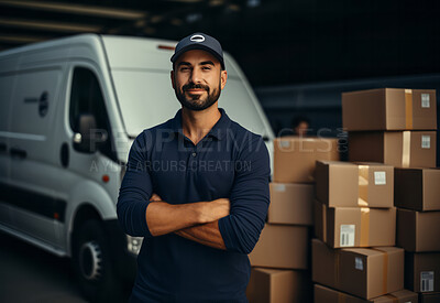 Uniformed delivery man or courier warehouse. Boxes stacked on floor.