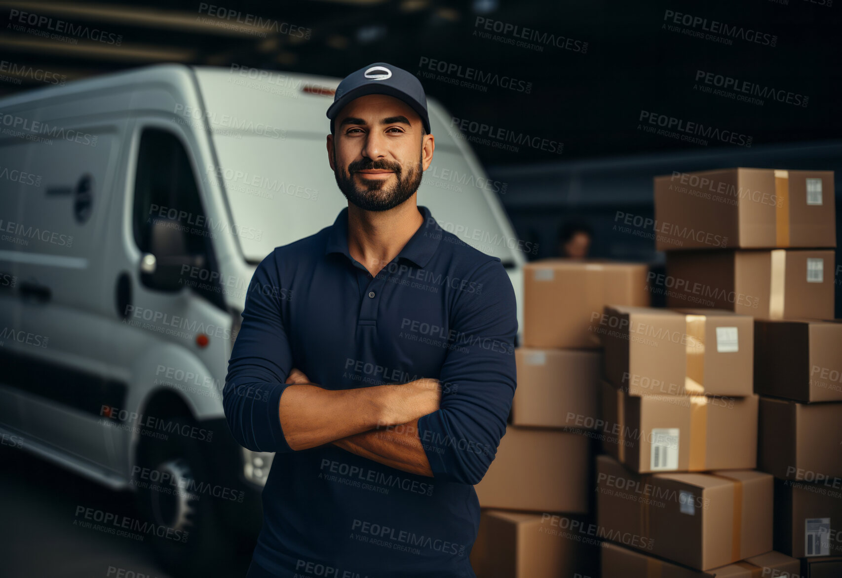 Buy stock photo Uniformed delivery man or courier warehouse. Boxes stacked on floor.