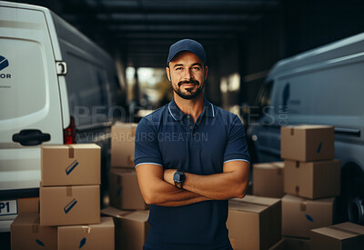 Happy uniformed delivery man or courier warehouse. Boxes stacked on floor.