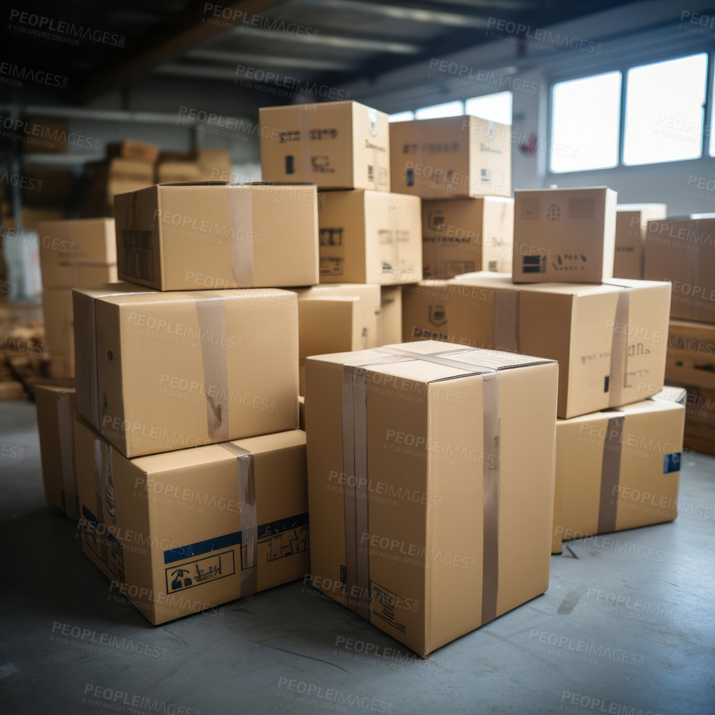 Buy stock photo Pile of boxes in storage. Delivery concept.