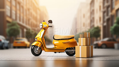 Scooter in city street with boxes next it. Delivery concept.