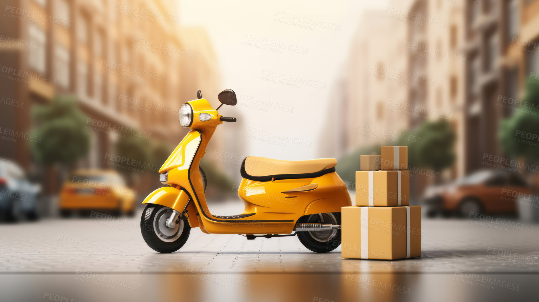 Buy stock photo Scooter in city street with boxes next it. Delivery concept.