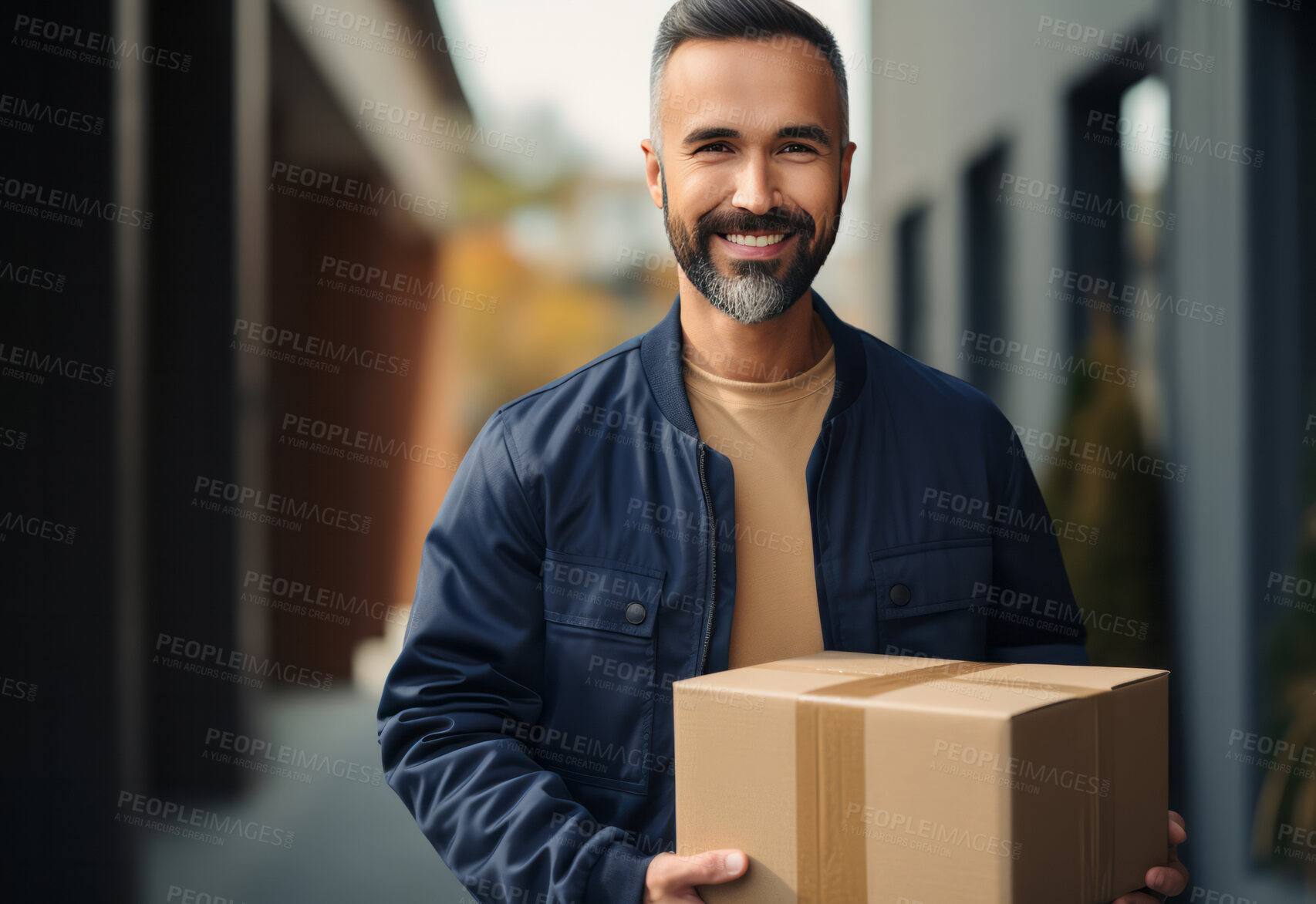 Buy stock photo Close-up of delivery man holding box in warehouse storage.