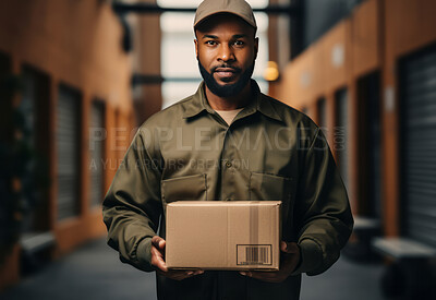 Close-up of delivery man holding box in warehouse storage.