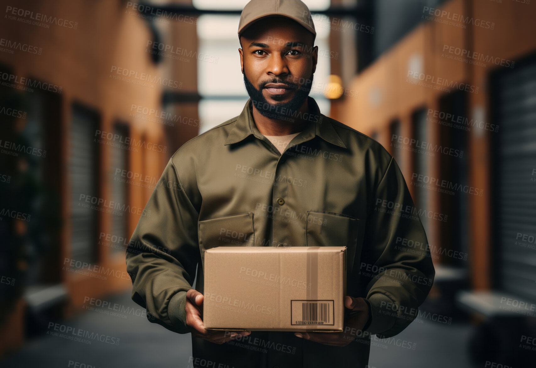 Buy stock photo Close-up of delivery man holding box in warehouse storage.