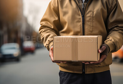 Close-up of deliver man holding box in city street.