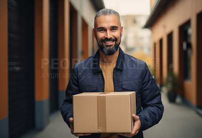 Happy uniformed delivery man in city street holding Box.