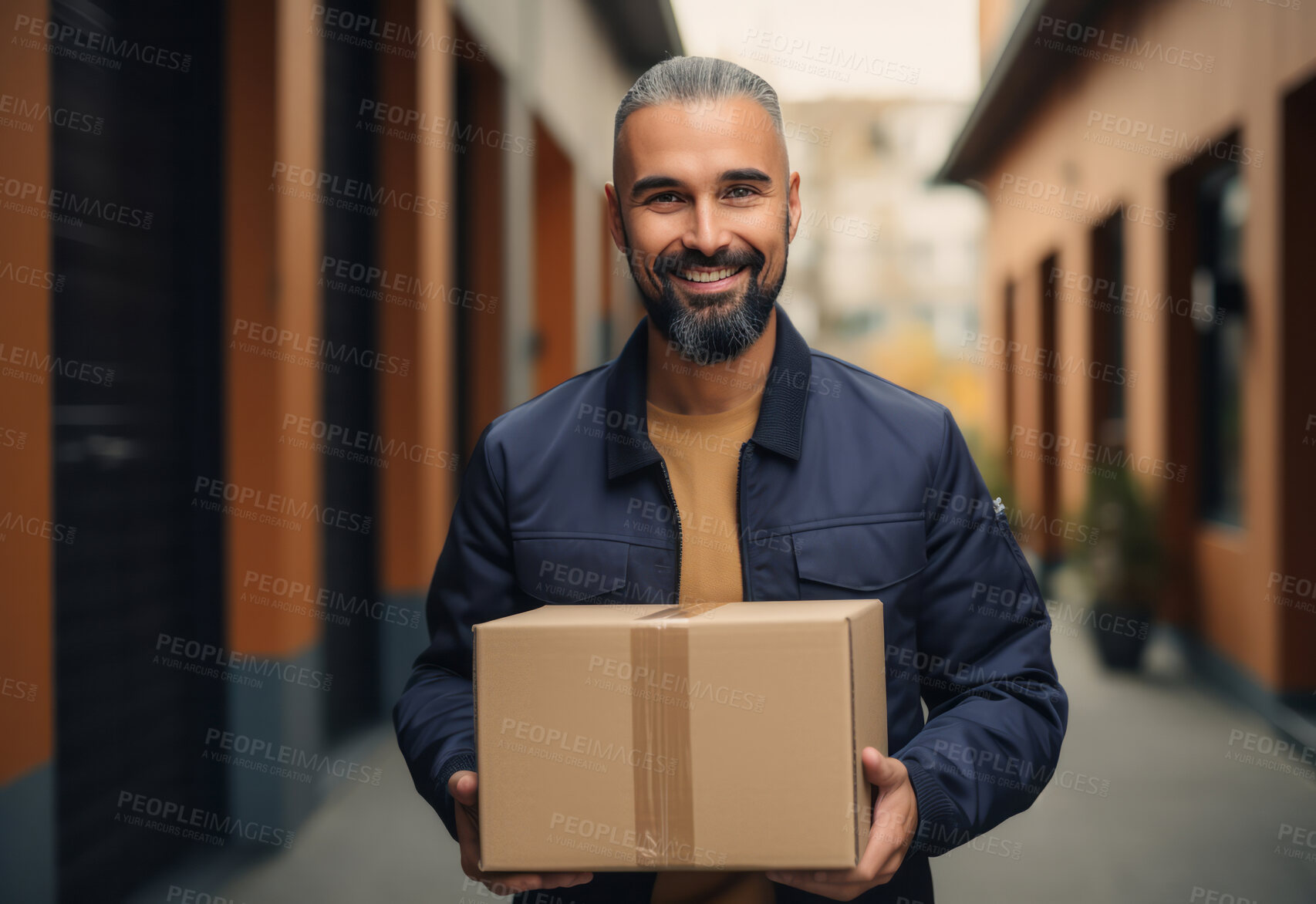 Buy stock photo Happy uniformed delivery man in city street holding Box.