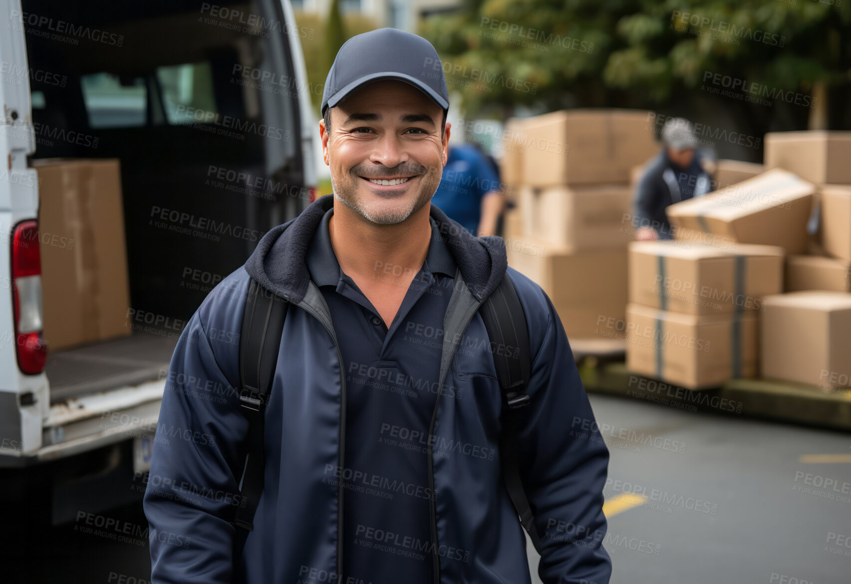 Buy stock photo Happy uniformed delivery man or courier in city street. Boxes being loaded in background.