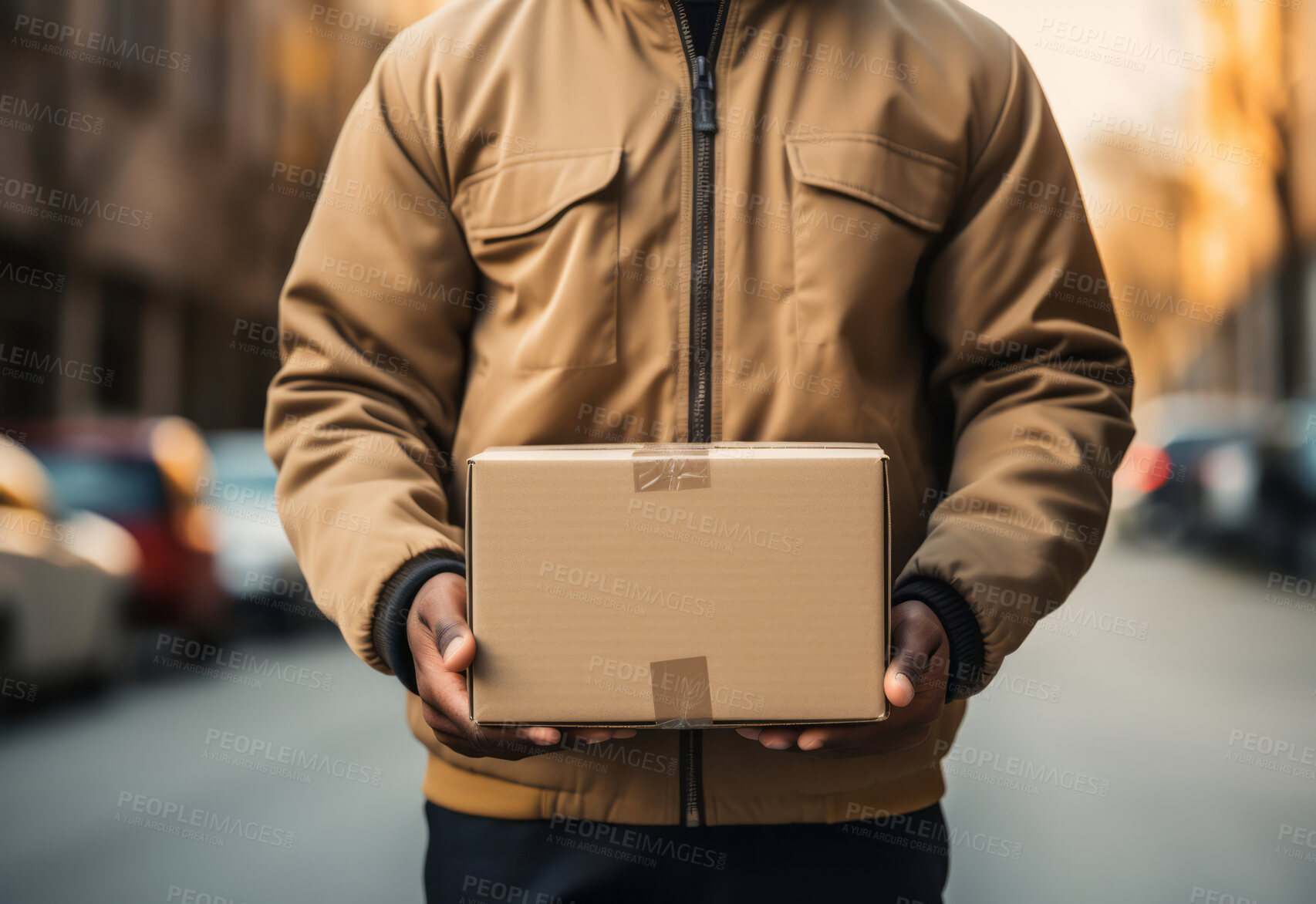 Buy stock photo Delivery man in city street. Package in hand.