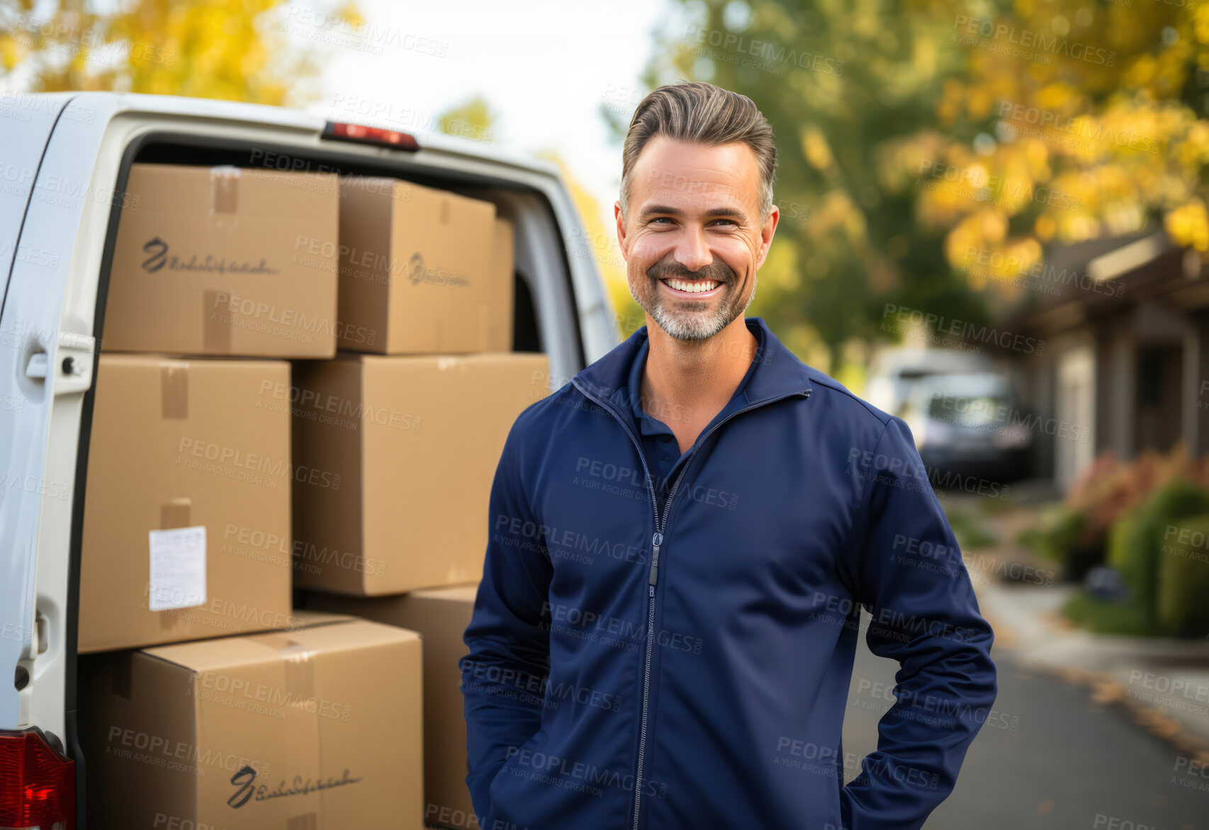 Buy stock photo Happy uniformed delivery man or courier in city street. Boxes being loaded.