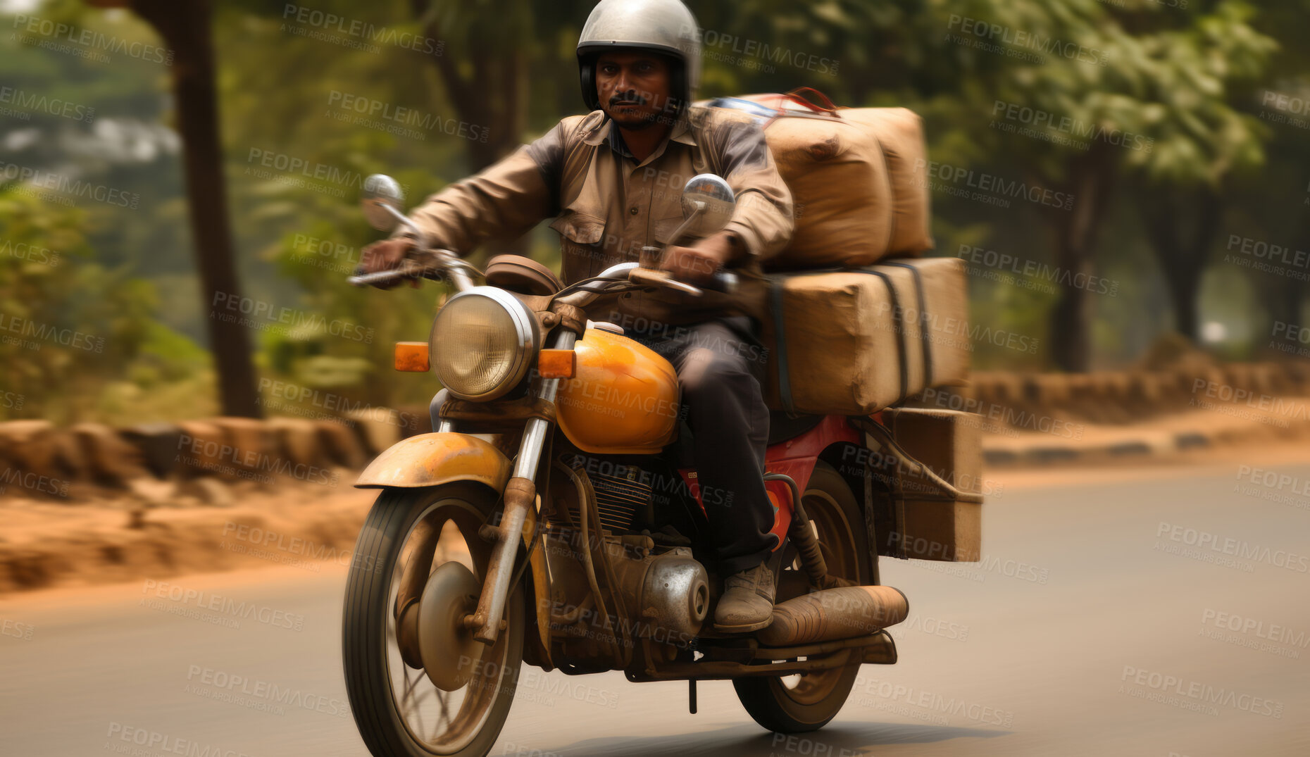 Buy stock photo Delivery man on riding motorcycle. Lots of packages on back of vehicle.