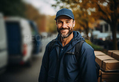 Portrait of happy uniformed delivery man in city street.