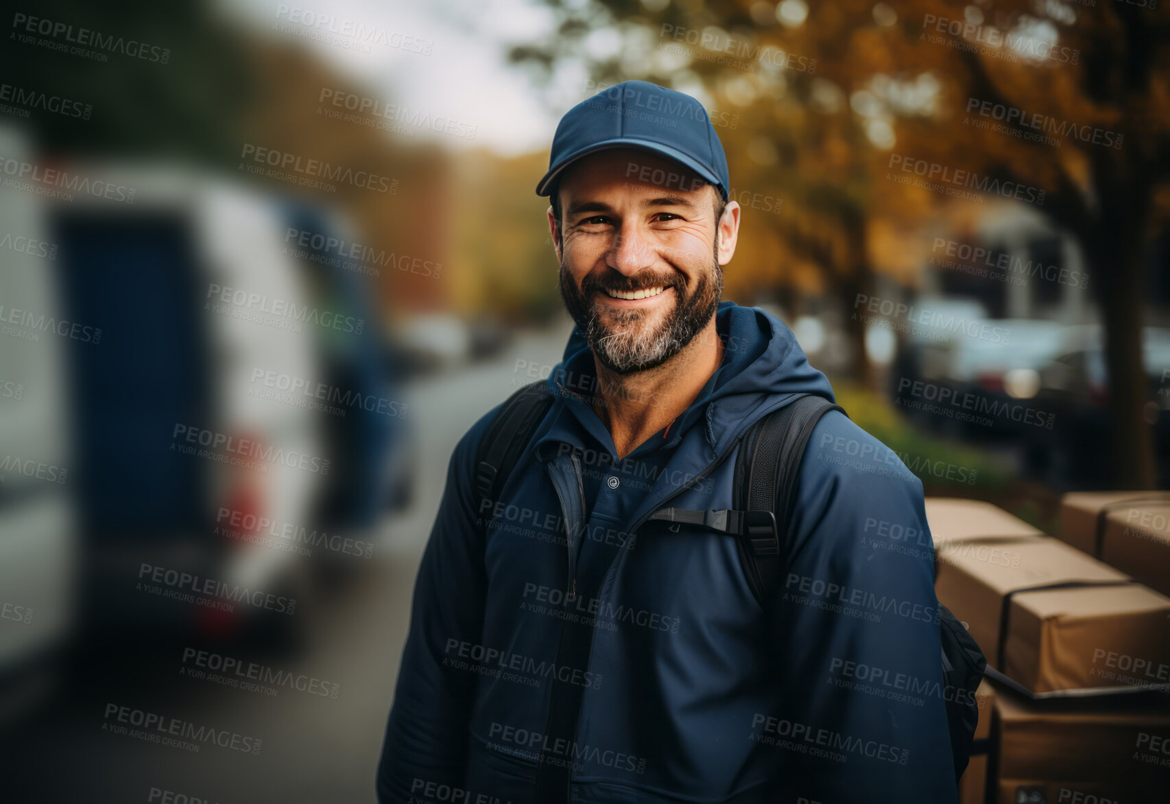 Buy stock photo Portrait of happy uniformed delivery man in city street.