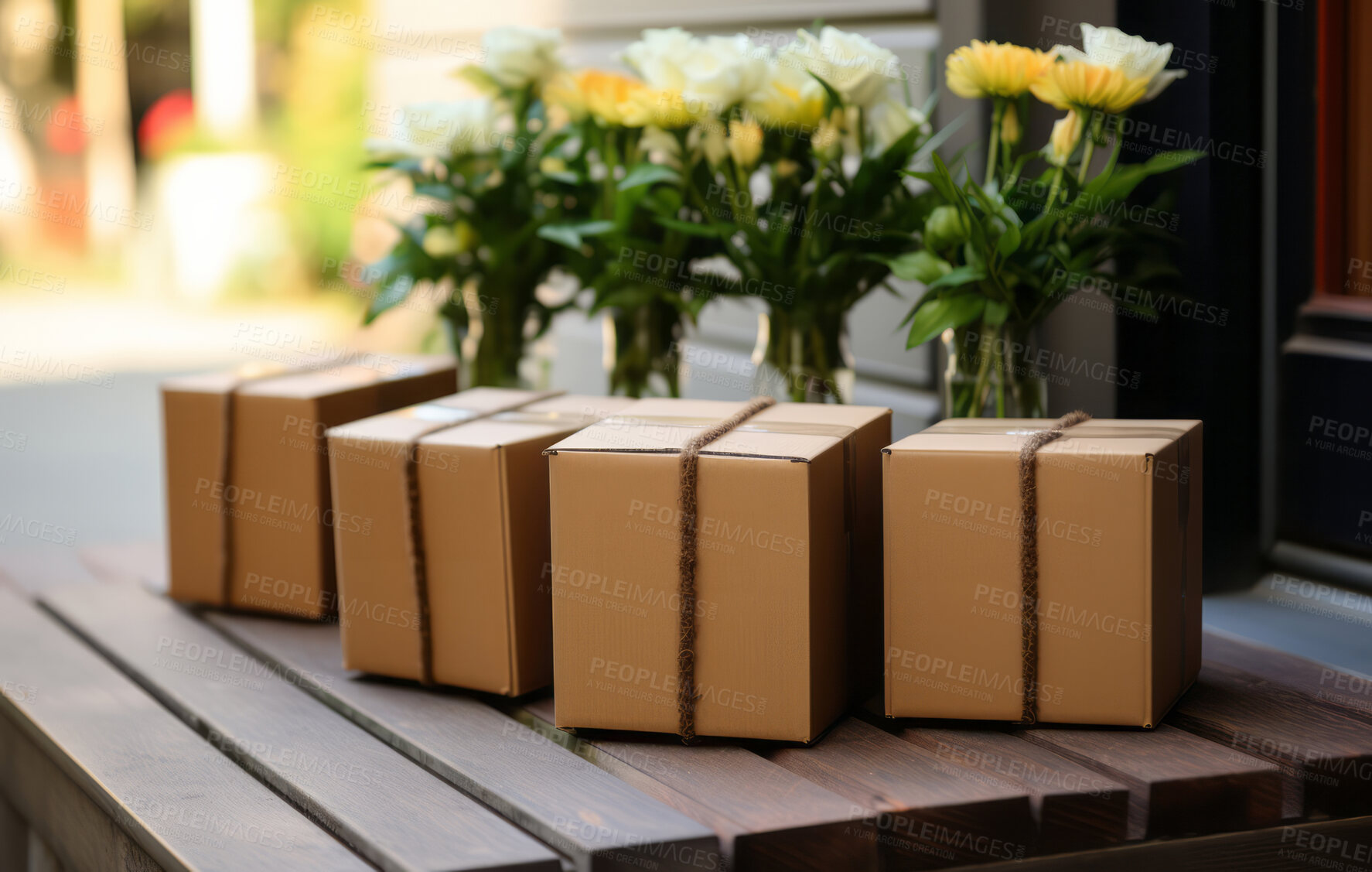 Buy stock photo Delivered parcels on doorstep. Delivery concept.