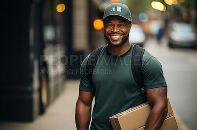 Portrait of happy uniformed delivery man in city street. Package in hand.