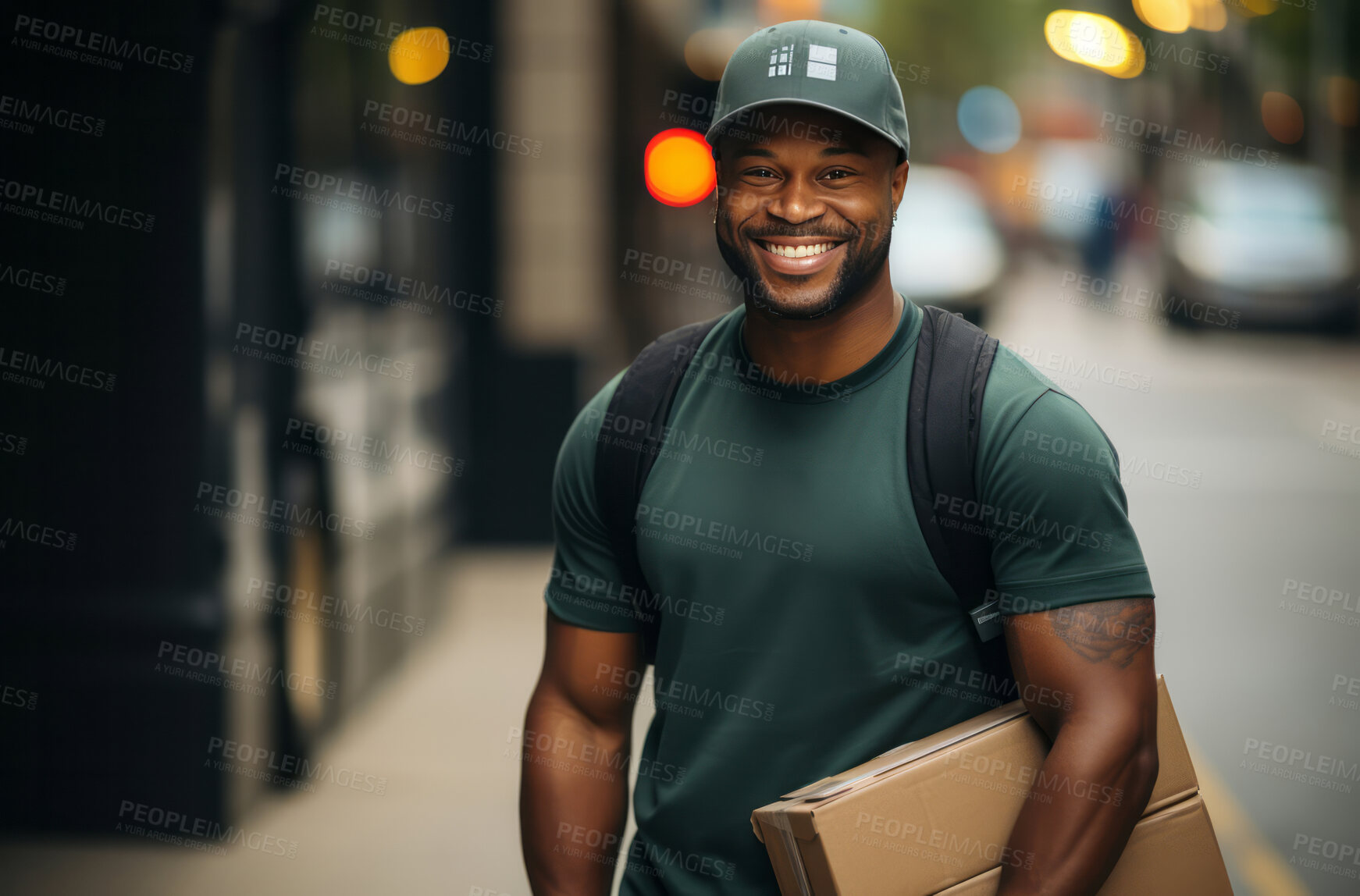 Buy stock photo Portrait of happy uniformed delivery man in city street. Package in hand.