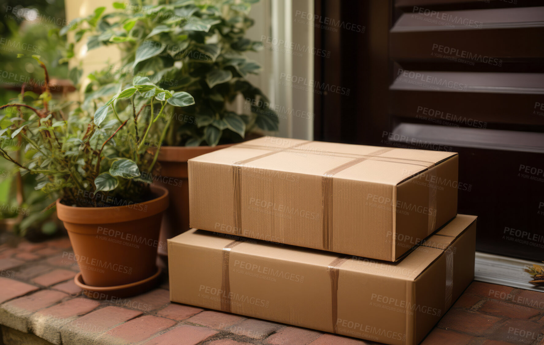 Buy stock photo Delivered parcels on doorstep. Delivery concept.