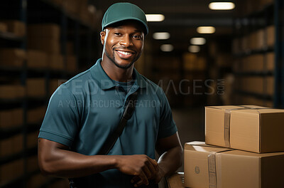 Portrait of happy uniformed delivery man in warehouse.