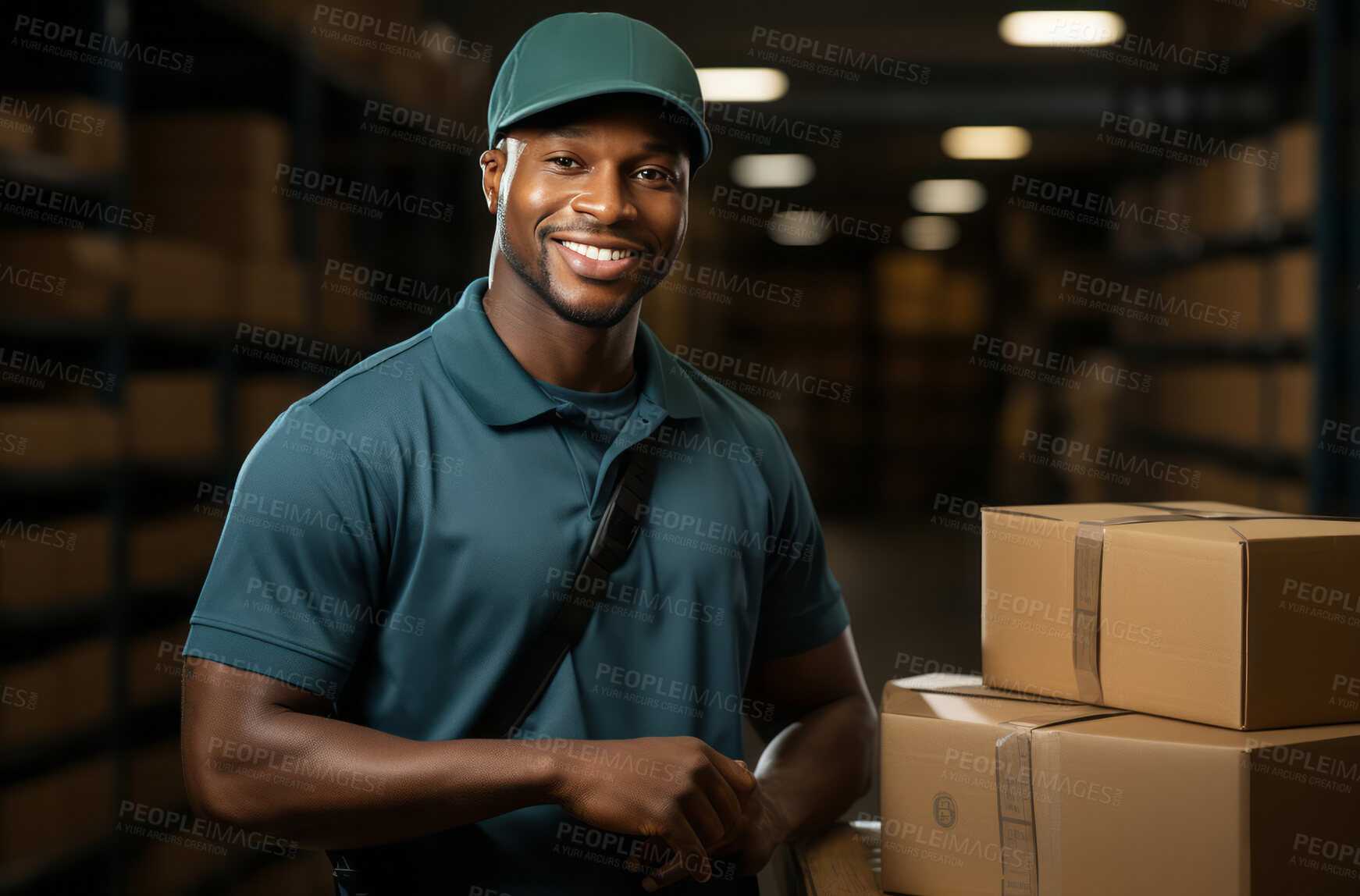 Buy stock photo Portrait of happy uniformed delivery man in warehouse.