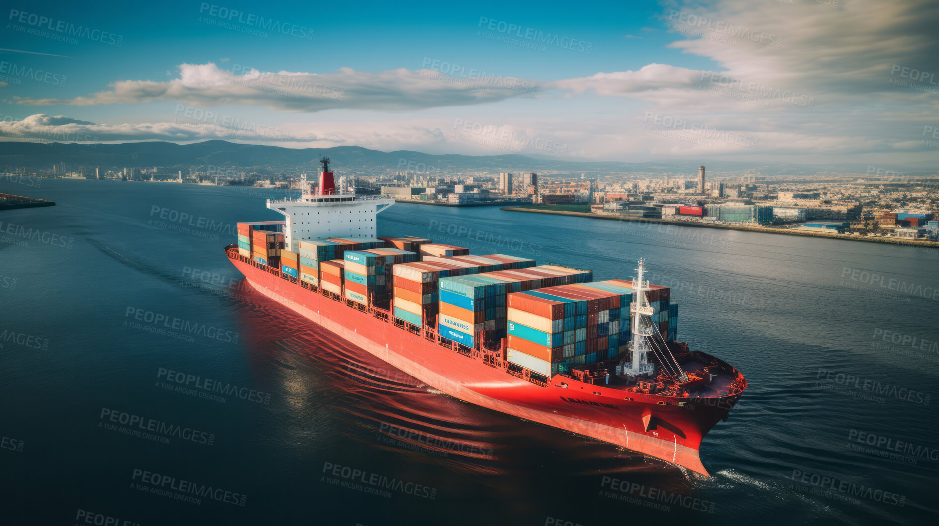 Buy stock photo Aerial view of large container ship, fully loaded traveling over waters.