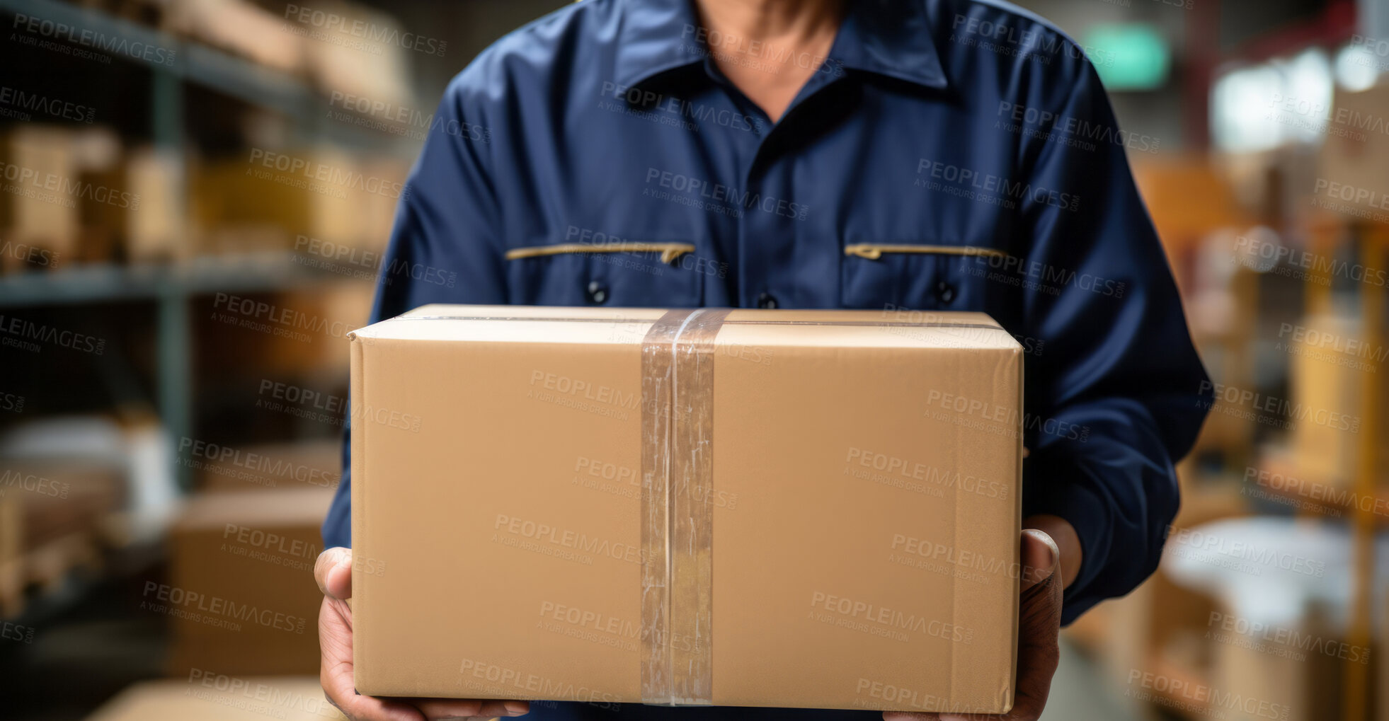 Buy stock photo Worker holding boxes or packages in warehouse.