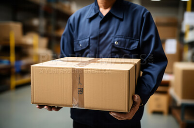 Buy stock photo Worker holding boxes or packages in warehouse.