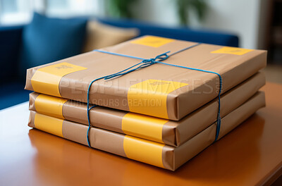 Packages seen on table in front of window in home. Delivery concept.