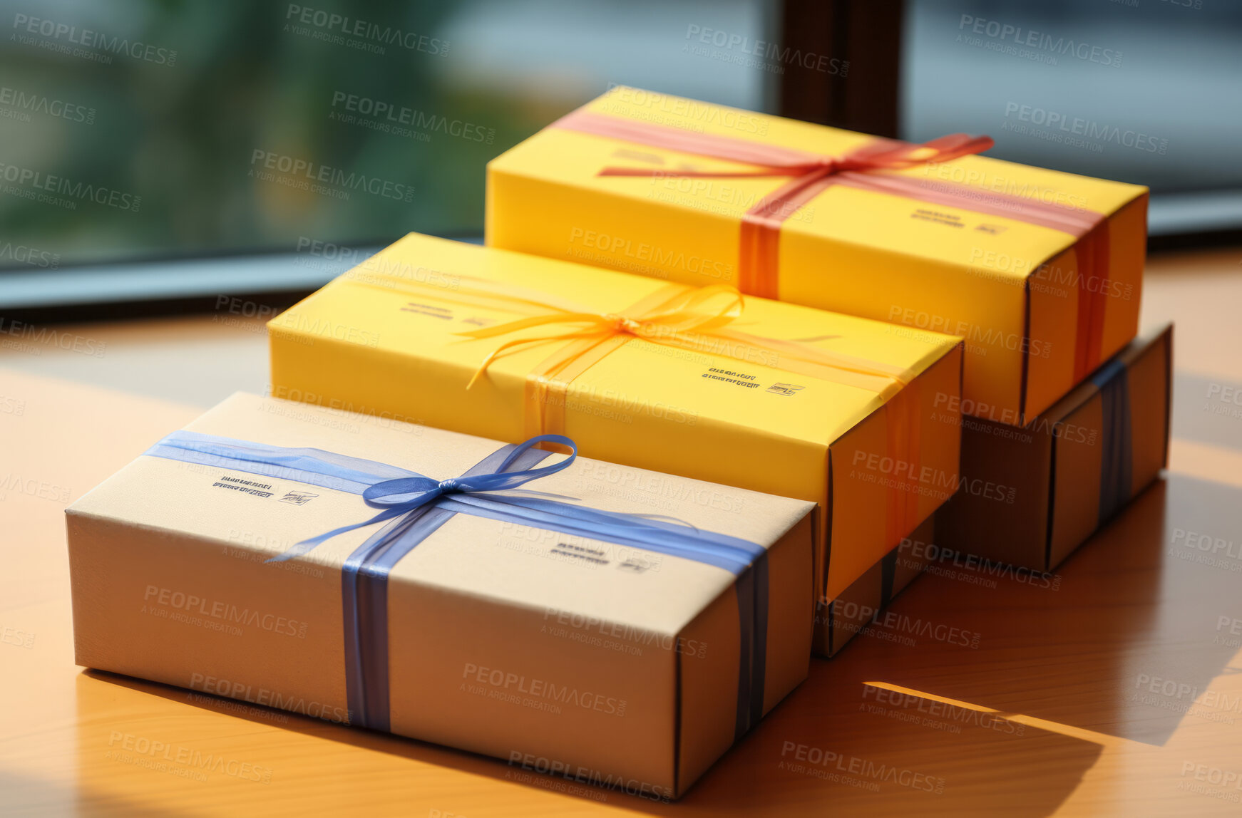 Buy stock photo Packages seen on table in front of window in home. Delivery concept.