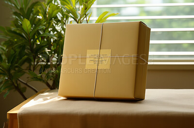 Package seen on table in front of window in home. Delivery concept.