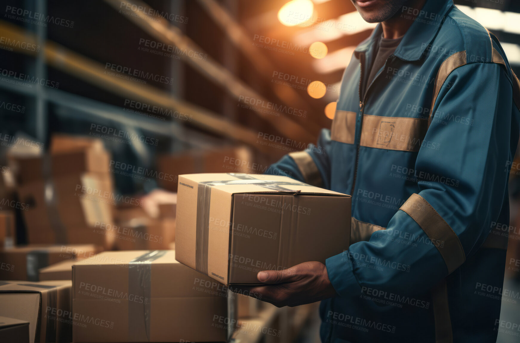 Buy stock photo Worker moving boxes or packages in warehouse.