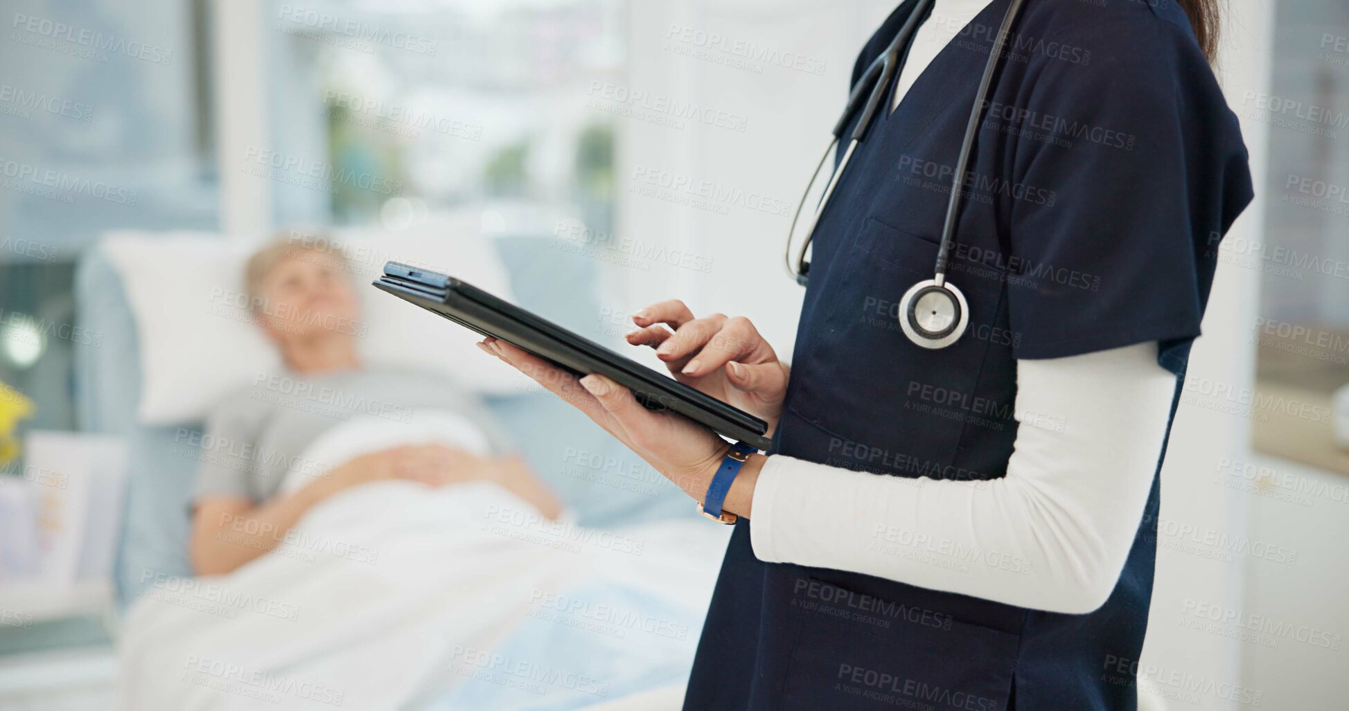 Buy stock photo Healthcare check, hands and a doctor with a tablet for a report on a patient at a hospital. Consulting, typing and a nurse with technology and a woman for medical information, results or monitor