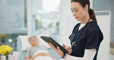 Nurse, checkup and tablet for results at hospital with patient for healthcare or consultation. Medical, expert and service with tech for diagnosis with medical treatment at clinic for help or advice.