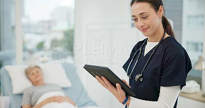 Nurse, tablet and checkup for patient in hospital for consultation for healthcare with therapist. Medical expert, results and tech for help at clinic for diagnosis or health professional for career.