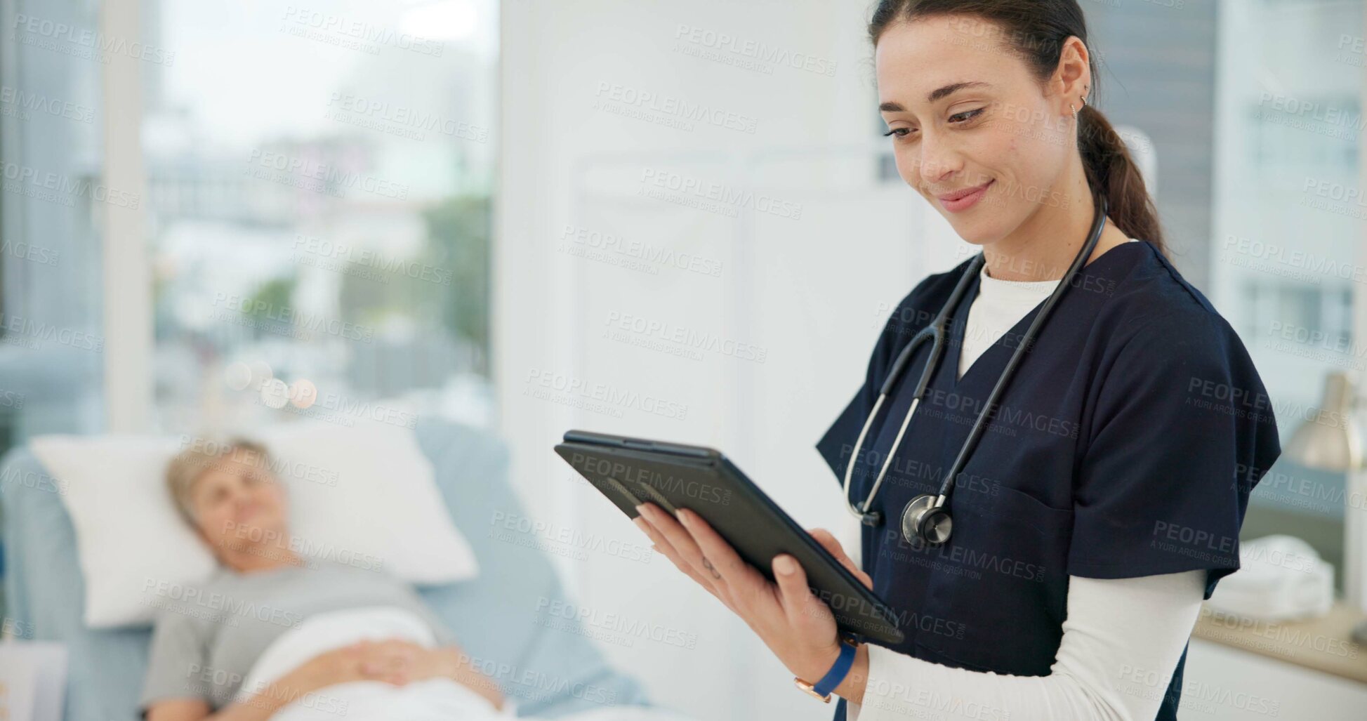 Buy stock photo Nurse, tablet and checkup for patient in hospital for consultation for healthcare with therapist. Medical expert, results and tech for help at clinic for diagnosis or health professional for career.