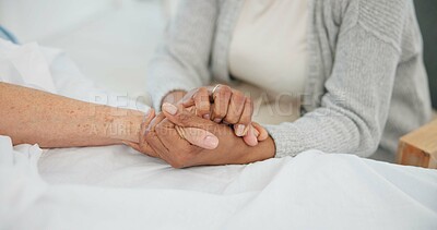 Senior couple, support and holding hands in hospital with love and care at clinic. Elderly patient, kindness and marriage with trust and healthcare with medical help and homecare with empathy