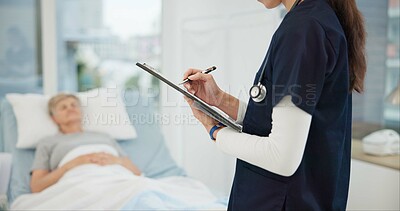 Checklist, hospital and bed with nurse writing healthcare information, clinic charts and senior patient progress. ADN expert, professional person or doctor hands with clipboard for medical report